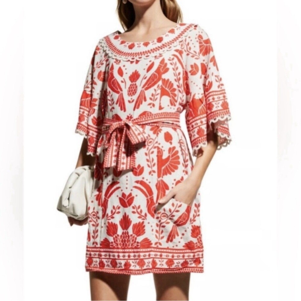 FARM RIO Jungle Flow Belted Mini Dress Red Cream Pocket Linen Size Medium NWT